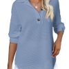 Women Waffle Knit Tops Henley Shirts Long Sleeve V Neck Solid Color Casual Tunic