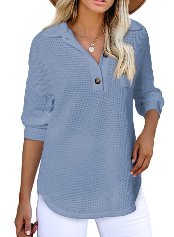 Women Waffle Knit Tops Henley Shirts Long Sleeve V Neck Solid Color Casual Tunic