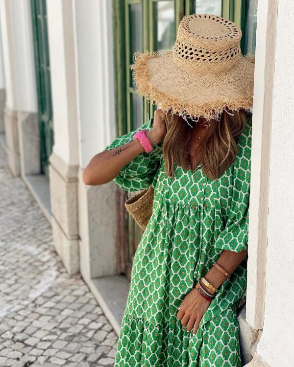 Womens Loose Fit Casual Summer V Neck Half Sleeve Bohemian Geometric Pattern Maxi Long Dresses