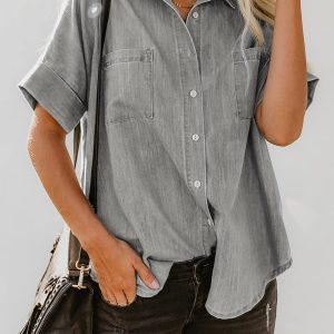 Womens Button Down Shirts V Neck Loose Casual Shirt