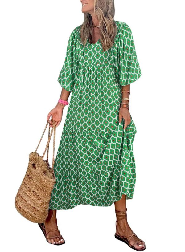Womens Loose Fit Casual Summer V Neck Half Sleeve Bohemian Geometric Pattern Maxi Long Dresses