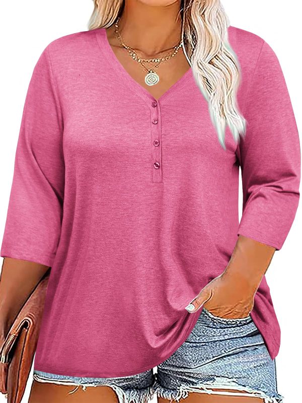 Women Plus Size Tops V Neck 3/4 Sleeve Casual T Shirts Loose Basic Tunic Tees
