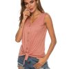 Women's Tie Knot Button Down Shirts Sleeveless Casual Blouse Curved Hemline Tops S-XXL