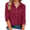Womens Button Down Shirts V Neck Rolled Up Long Sleeve Tops Elegant Dressy Blouses Business Casual Outfits