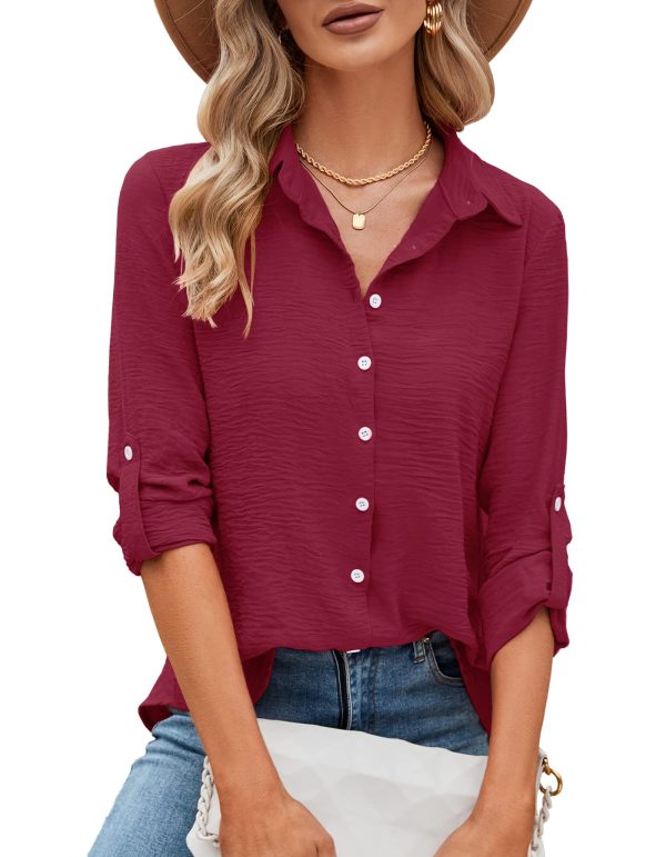 Womens Button Down Shirts V Neck Rolled Up Long Sleeve Tops Elegant Dressy Blouses Business Casual Outfits