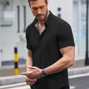 Mens Short Sleeve Button Down Shirts Wrinkle Free Dress Shirts Casual Polka Dot Print Shirt with Pocket