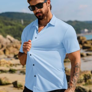 Men's Muscle Dress Shirts Short Sleeve Stretch Casual Button Down Shirts Wrinkle Free Slim Fit Dress Shirt for Men