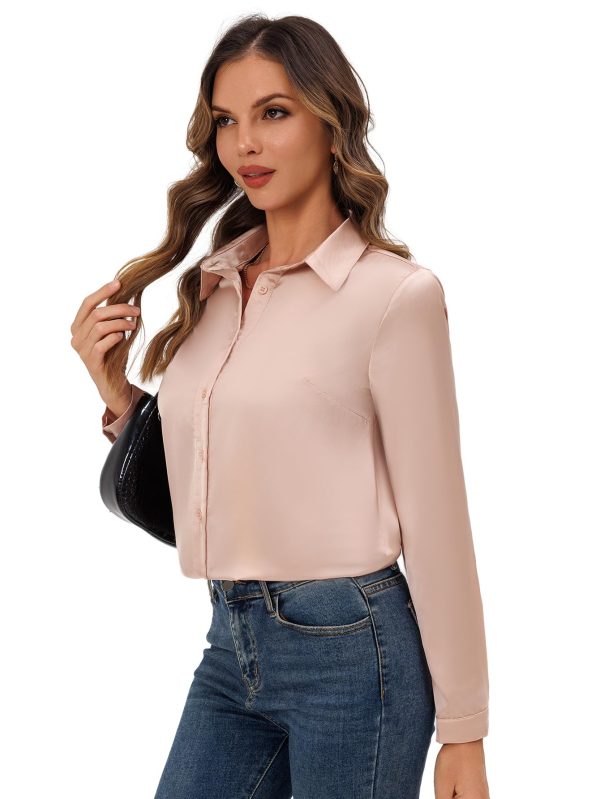 Women's Satin Button Down Shirt, Long Sleeves Silk Dress Shirt, Relaxed Fit Business Casual Silk Top for Work