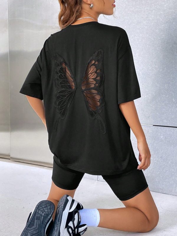 Women's Oversized Butterfly Back Cut Out Tee Tops Y2k Half Sleeve Crew Neck T Shirt
