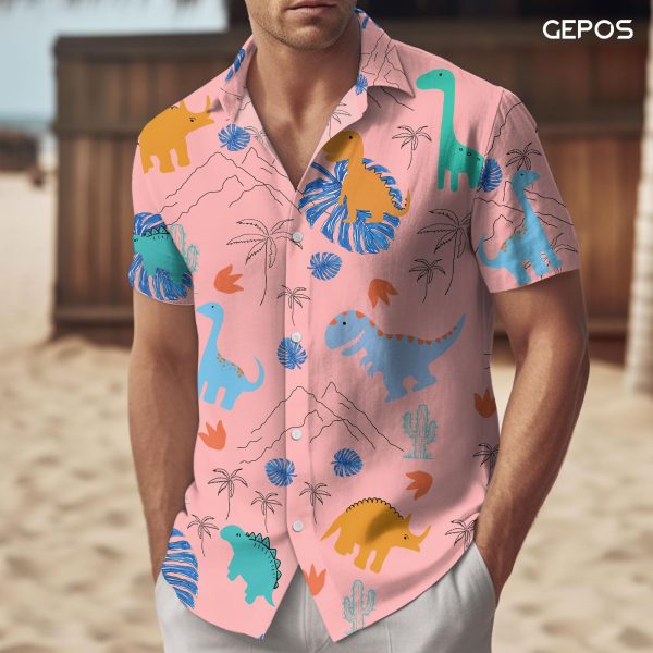 Dinosaur Short Sleeve Hawaiian Shirt, Funny Animal Print Casual Button Shirt, Summer Gifts, Birthday Gifts