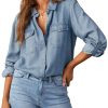 Women Button Down Denim Shirts Casual Long Sleeve V Neck Chambray Blouse Top