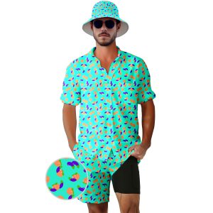 Mens 2 Piece Tracksuit Hawaiian Shirt for Men Button Down Shirts Shorts Rave Outfits with Bucket Hats