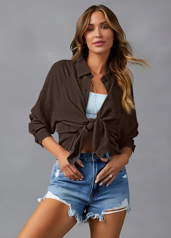 Womens Casual Button Down V Neck Shirts Raglan Long Sleeve Loose Fit Collared Work Blouses Tops with Pocket