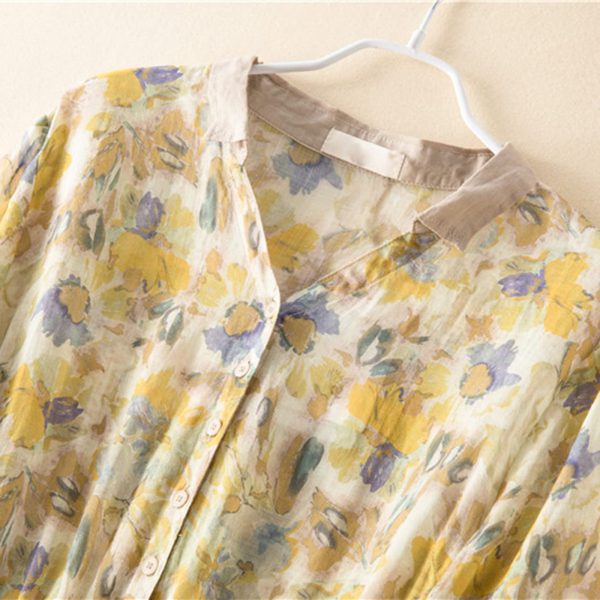 Women Boho Floral Cotton Linen Button Down Shirt Dress with Belt Summer Half Sleeve Lapel Casual Dressy Tunic Dress
