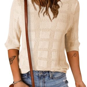 Women's Casual Short Sleeve Loose Tunic Tops Lightweight Crochet Knit Summer Sweaters Blouses