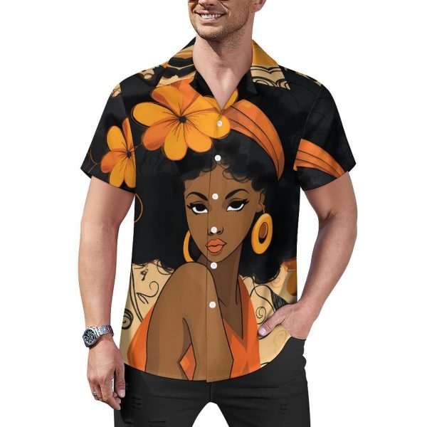 African Pretty Women Mens Hawaiian Shirt Short Sleeve Button Down Shirts Summer Casual Beach Top