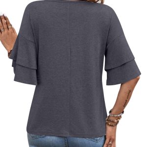 Womens Double Layer Bell Sleeve T Shirt V Neck Tee Top