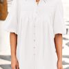 Women's 2025 Summer Short Lantern Sleeve Tops Loose Fit Button Down Shirt Casual Pleated V Neck Blouses