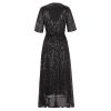Women's Sequins Formal Dress Wrap V Neck Beltd Evening Gown Half Sleeve Ruffle Hem Glitter A-Line Flowy Maxi Dresses