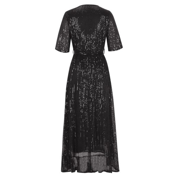 Women's Sequins Formal Dress Wrap V Neck Beltd Evening Gown Half Sleeve Ruffle Hem Glitter A-Line Flowy Maxi Dresses