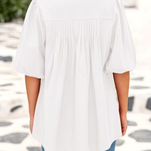 Women's 2025 Summer Short Lantern Sleeve Tops Loose Fit Button Down Shirt Casual Pleated V Neck Blouses