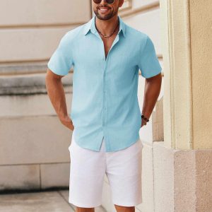 Men's Button Down Short Sleeve Shirt Casual Cotton Summer Beach Linen Wedding Shirts with Pocket