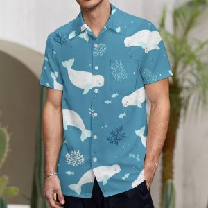 Fantastic Beluga Whale Button Down Shirt Men Short Sleeve T Shirts Casual Tee Summer Top