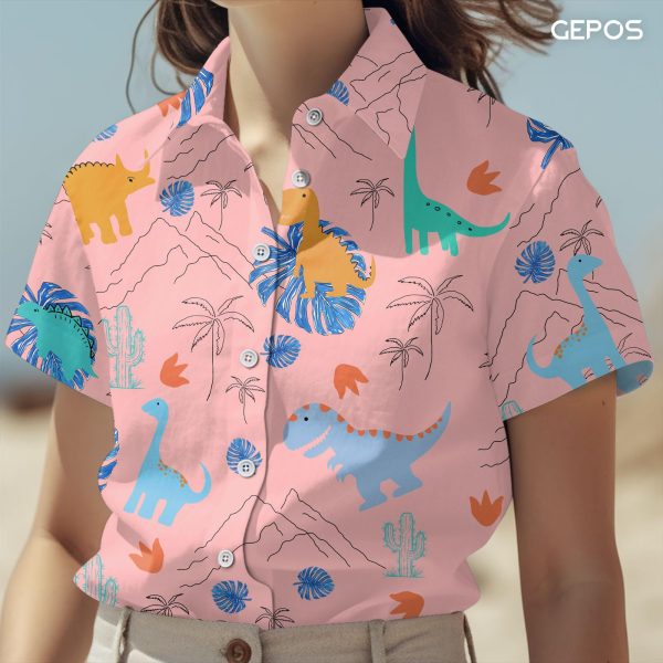 Dinosaur Short Sleeve Hawaiian Shirt, Funny Animal Print Casual Button Shirt, Summer Gifts, Birthday Gifts