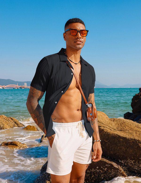 Men's Casual Button Down Shirts - Short Sleeve Summer Textured Beach Wrinkle-Free Shirts