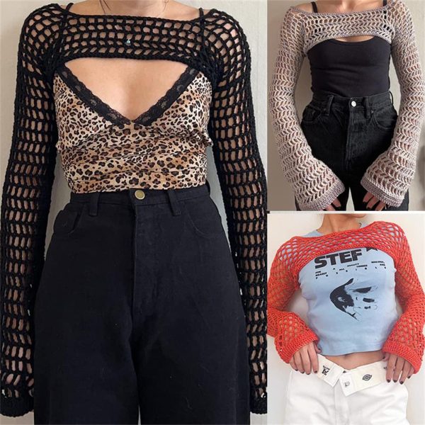 Women Mesh Crochet Crop Top Long Sleeve Hollow Out Cropped Knit Sweater Bikini Beach See Through Cover Ups