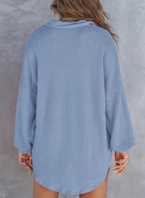 Women Waffle Knit Tops Henley Shirts Long Sleeve V Neck Solid Color Casual Tunic