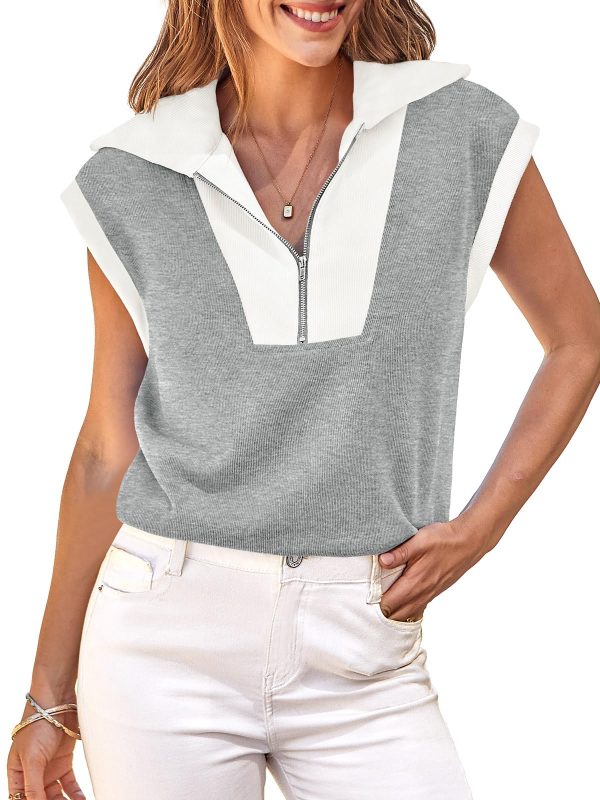 Womens Half Zip Sweatshirts Short Sleeve Color Block Lapel V Neck Loose Summer Pullover Tops