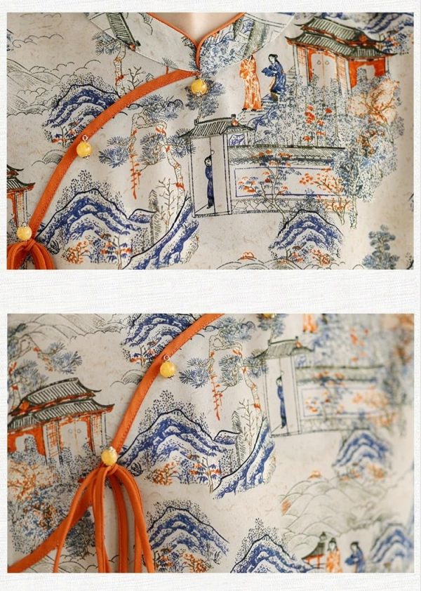 Womens Exquisite Printed Chiffon Chinese Tops Retro Ethnic Style Half Sleeve Loose Shirts Traditional Hanfu Blouse