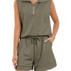 Women Two Piece Outfits Half Zip Lapel Collar Sleeveless Sweatshirt High Waist Sweat Shorts Lounge Sets Tracksuits