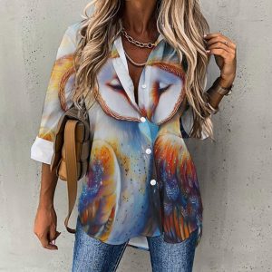 Owls Couple Women's Button Down Shirts Long Sleeve Casual Blouses Tops
