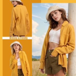 Waffle Knit Button Down Shirts for Women Dressy Casual Work Tops Long Sleeve Loose Fit Shacket with Pocket