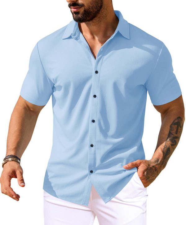 Men's Muscle Dress Shirts Short Sleeve Stretch Casual Button Down Shirts Wrinkle Free Slim Fit Dress Shirt for Men