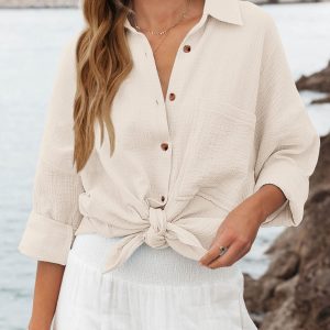 Casual Shirts for Women Long Sleeve Button Down Blouses Fall 2024 Solid Color Trendy Tops with Pocket