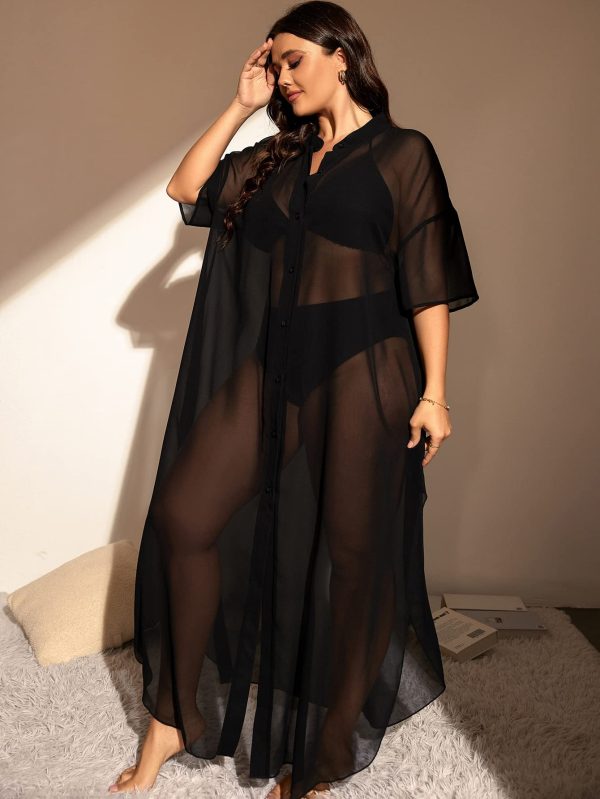 Women's Plus Size Sheer Mesh Half Sleeve Loose Swimsuit Maxi Dress Cover Up