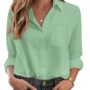 Womens Button Down Shirt Basic Work Office Drop Shoulder Blouse Casual Loose Long Sleeve Tops with Pocket
