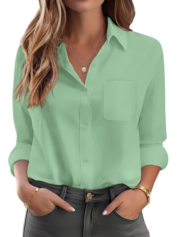Womens Button Down Shirt Basic Work Office Drop Shoulder Blouse Casual Loose Long Sleeve Tops with Pocket