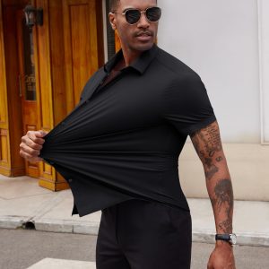 Stretch Dress Shirts for Men Short Sleeve Slim Fit Casual Button Down Shirts Muscle Fit Men's Dress Shirts
