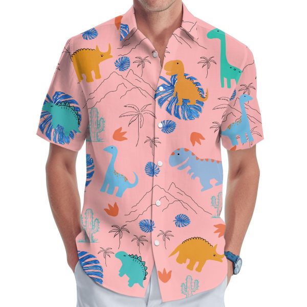 Dinosaur Short Sleeve Hawaiian Shirt, Funny Animal Print Casual Button Shirt, Summer Gifts, Birthday Gifts