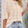 Women's Casual Short Sleeve Loose Tunic Tops Lightweight Crochet Knit Summer Sweaters Blouses