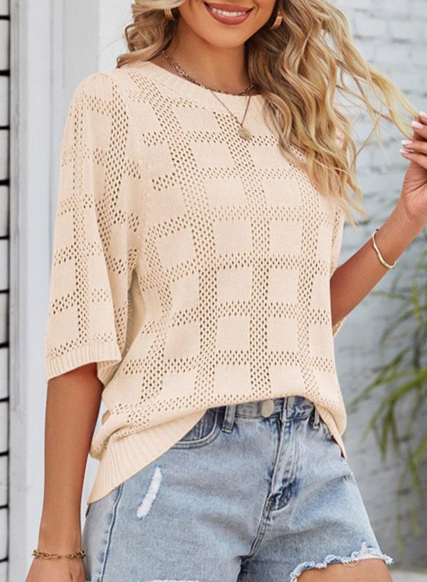 Women's Casual Short Sleeve Loose Tunic Tops Lightweight Crochet Knit Summer Sweaters Blouses