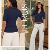 Women's Half Sleeve Top 2025 Summer Elegant V Neck Zipper Collared Work Shirts Slim Fitted Dressy Blouses