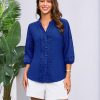 Women's Dressy Casual Tops 3/4 Sleeve Business Work Blouses Hollow Out Embroidery Button Down Shirts