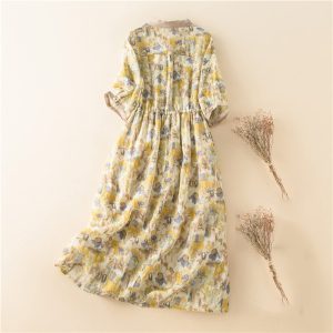 Women Boho Floral Cotton Linen Button Down Shirt Dress with Belt Summer Half Sleeve Lapel Casual Dressy Tunic Dress