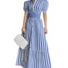 Women's Striped Button Down Shirt Dress Puff Short Sleeve Ruffle Hem Flowy Maxi Long Dress with Belt