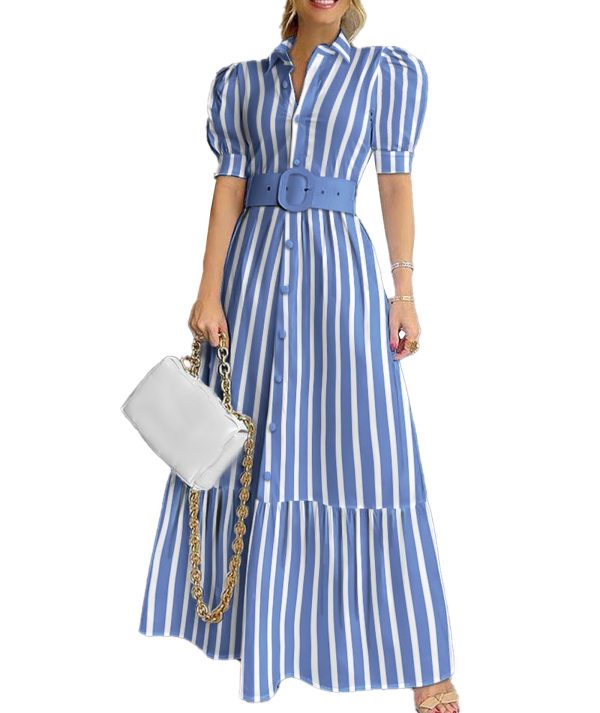 Women's Striped Button Down Shirt Dress Puff Short Sleeve Ruffle Hem Flowy Maxi Long Dress with Belt
